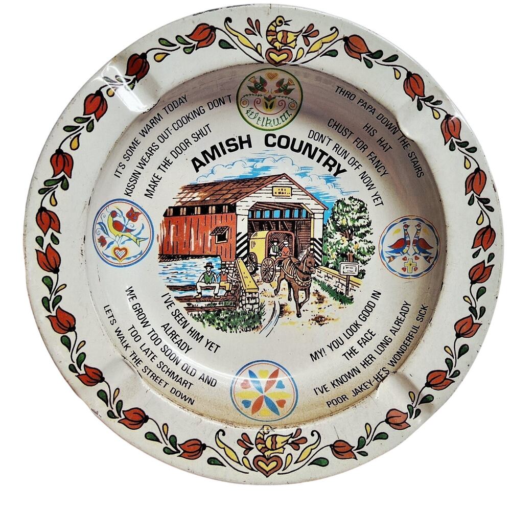 Set of 2 Tin Vintage Amish Country Souvenir Ashtray Cottage Core